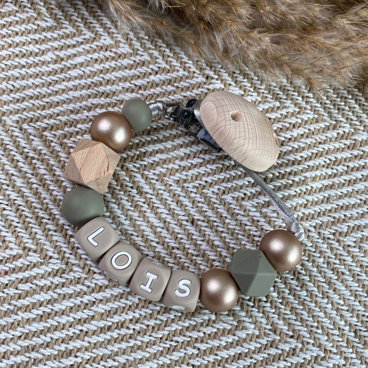 Speenkoord met naam | goud - oudgroen