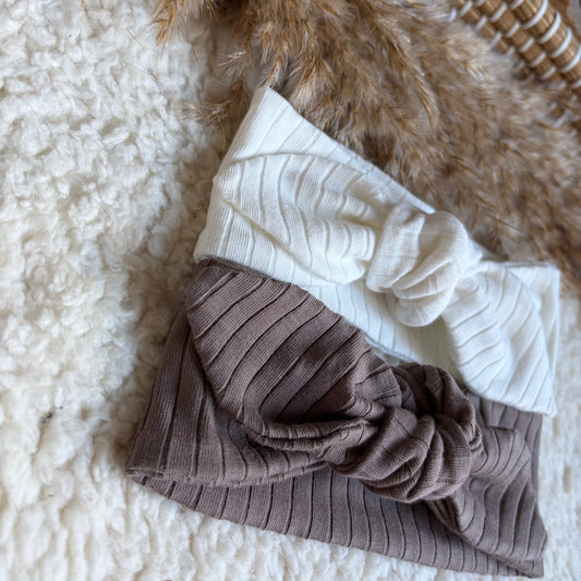 Haarband knoop combideal taupe & wit rib