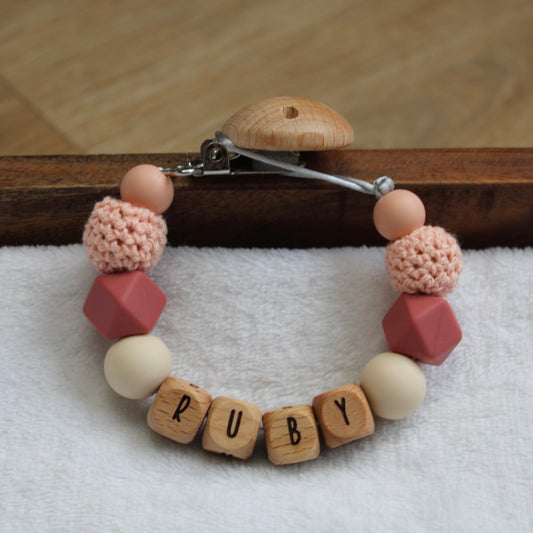 Speenkoord met naam | roze - beige